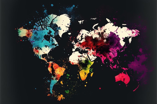 Foto mapa del mundo abstracto en pintura colorida con gotas de pintura y salpicaduras ai generativo