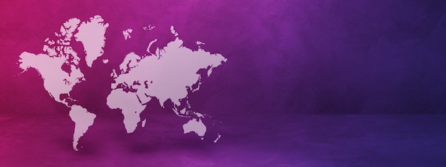 Mapa del mundo aislado sobre fondo de pared púrpura. Ilustración 3D.