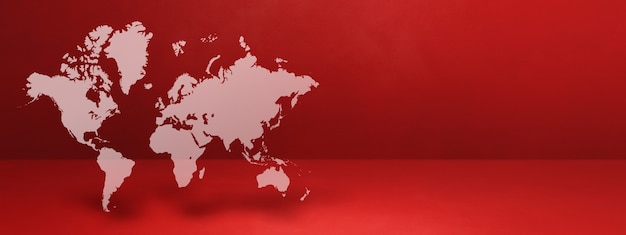 Foto mapa del mundo aislado sobre fondo de pared roja. ilustración 3d. banner horizontal