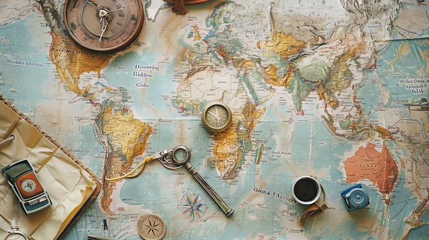 Un mapa del mundo antiguo con una lupa de brújula y otros artículos de viaje