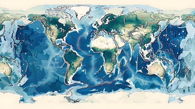 Mapa del mundo artístico con relieve detallado y textura de acuarela