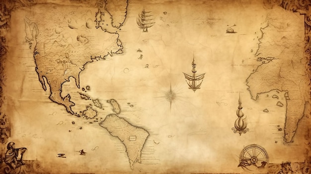 Foto un mapa del mundo con un barco y un barco en él