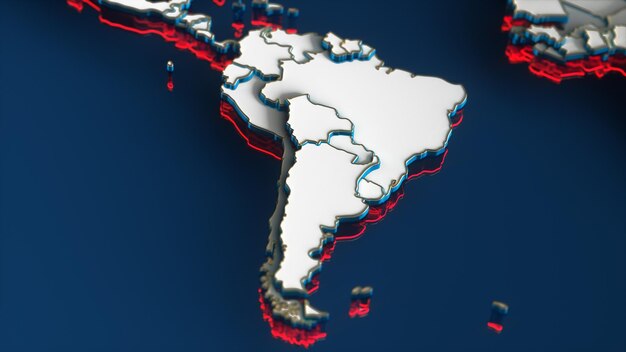 Foto mapa del mundo blanco con bordes dorados del continente de américa del sur y contorno rojo en fondo azul