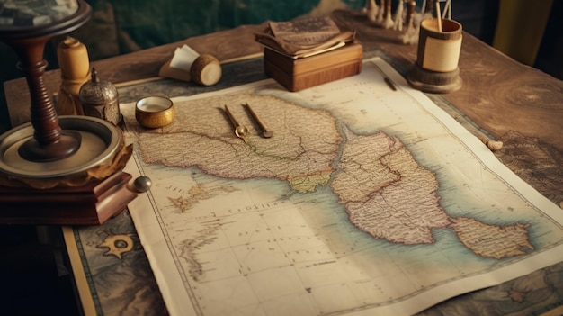 Un mapa del mundo con una brújula y una caja de monedas de oro.