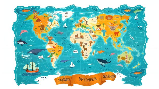 Un mapa del mundo colorido y caprichoso con varios animales, puntos de referencia e íconos culturales