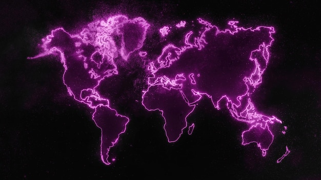 Mapa del mundo colorido sobre fondo oscuro Mapa del mundo brillante magenta