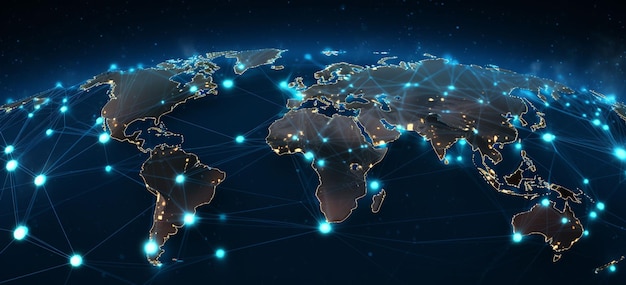 un mapa del mundo como fondo con líneas interconectadas y nodos que simbolizan conexiones globales y redes sociales