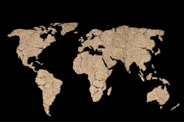 Mapa del mundo con contornos aproximados y fondo de suelo agrietado