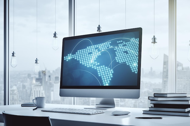 Mapa del mundo creativo abstracto con conexiones en la pantalla de un portátil moderno concepto de comercio internacional Representación 3D