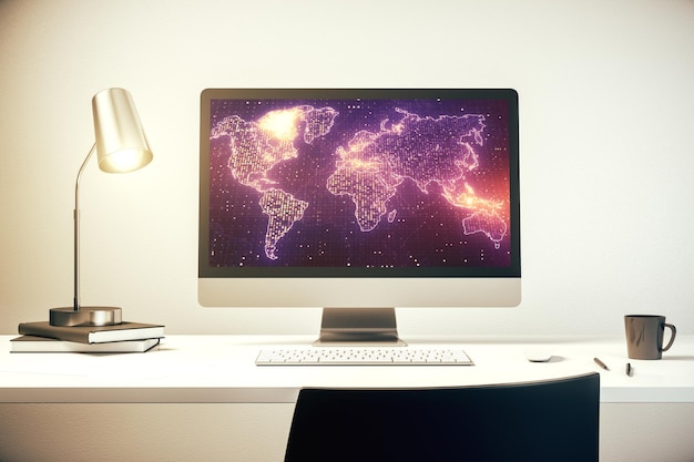 Mapa del mundo creativo abstracto en la pantalla del portátil moderno concepto de comercio internacional 3D Rendering