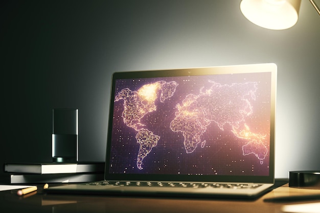 Mapa del mundo creativo abstracto en la pantalla del portátil moderno concepto de comercio internacional 3D Rendering