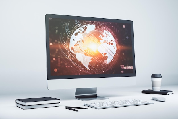 Mapa del mundo creativo abstracto en la pantalla del portátil moderno concepto de comercio internacional 3D Rendering
