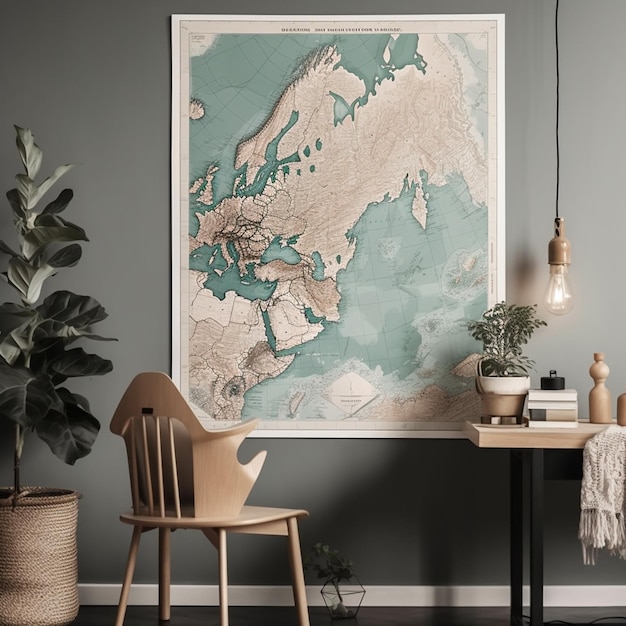 Un mapa del mundo cuelga de una pared en una habitación oscura.