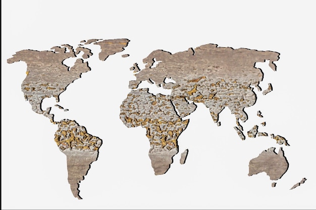 Un mapa del mundo dibujado con relleno de madera