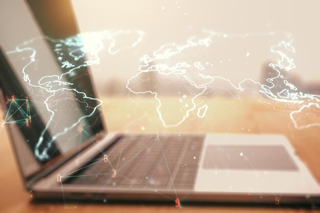 Mapa del mundo digital creativo abstracto sobre el concepto de globalización de fondo de computadora moderna Multiexposición