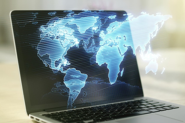 Mapa del mundo digital creativo abstracto sobre el concepto de globalización de fondo de computadora moderna Multiexposición