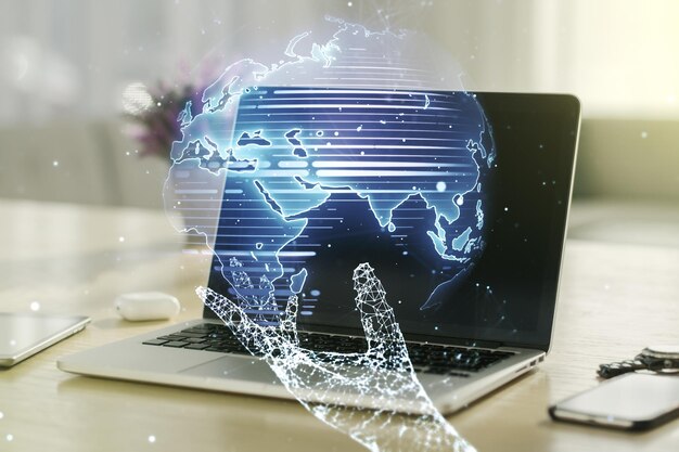 Mapa del mundo digital creativo abstracto sobre el concepto de globalización de fondo de computadora moderna Multiexposición