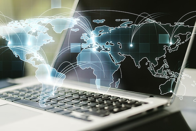 Mapa del mundo digital gráfico abstracto con conexiones en el concepto de globalización de fondo de computadora moderna Multiexposición