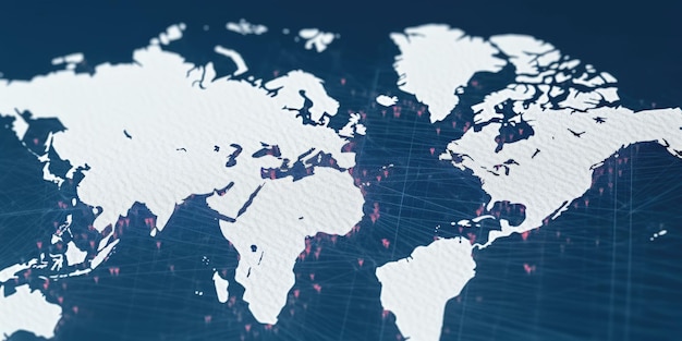 Mapa del mundo digital con puntos de datos cibernéticos brillantes en el fondo oscuro AIG35