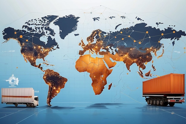 Mapa del mundo con distribución de la red logística en el fondo Contenedor de carga buque de carga pedidos de mercancías en línea en todo el mundo