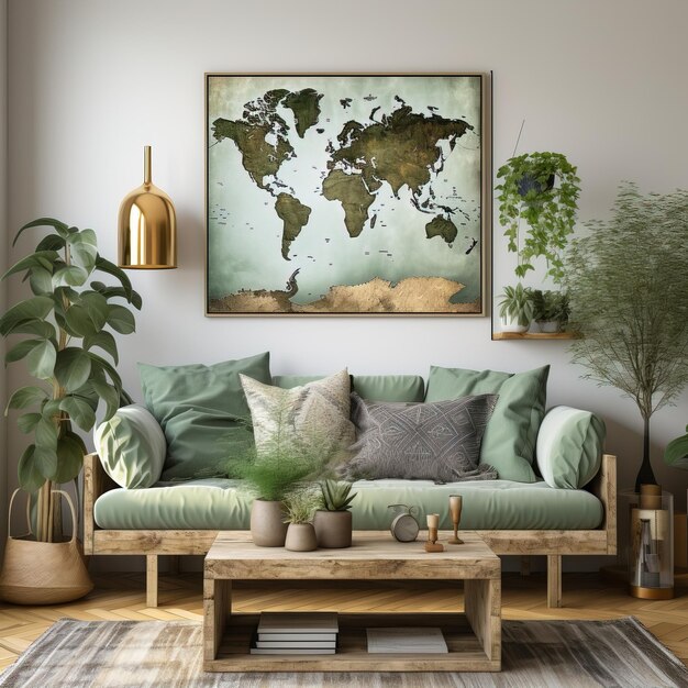 Un mapa del mundo está enmarcado en una sala de estar.