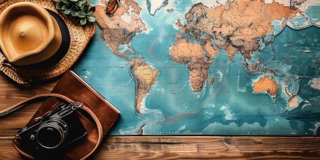 Un mapa del mundo está en una mesa con una cámara y un sombrero