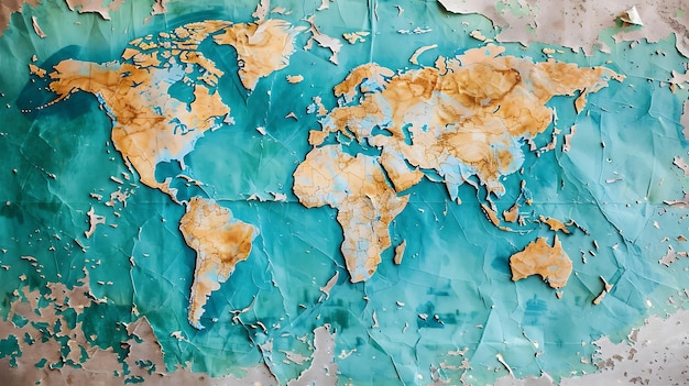 Foto un mapa del mundo en un estilo vintage rústico el mapa está pintado sobre un fondo azul y los continentes son de color marrón claro