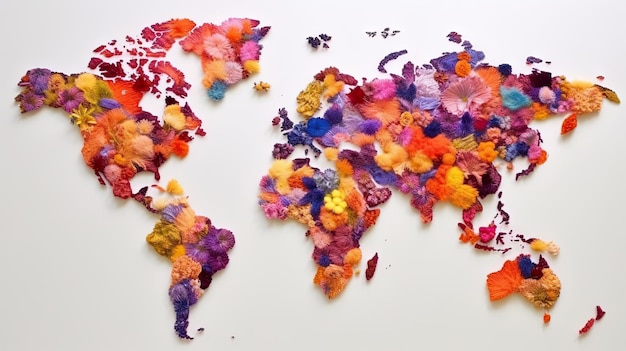 Foto mapa del mundo en fondo de flores ia generativa