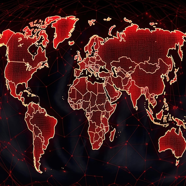 Un mapa del mundo con fondo rojo.