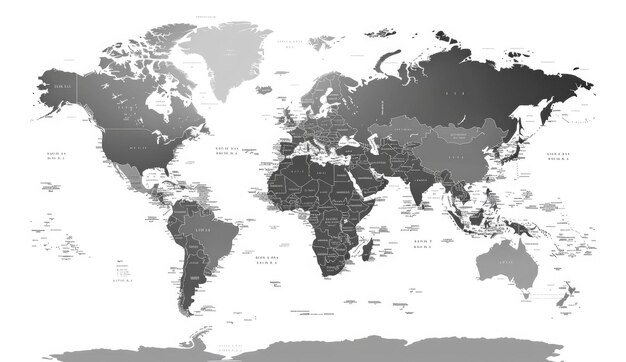 Mapa del mundo con las fronteras de todos los países sobre un fondo blanco en color gris