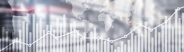 Mapa del mundo global de doble exposición sobre el fondo comercial del mercado de valores financiero empresarial