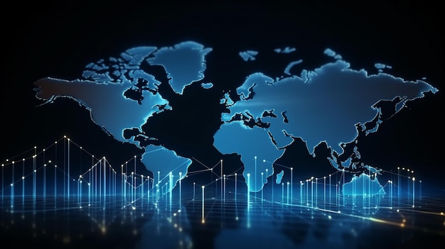 Mapa del mundo y gráfico del mercado de valores en el fondo azul