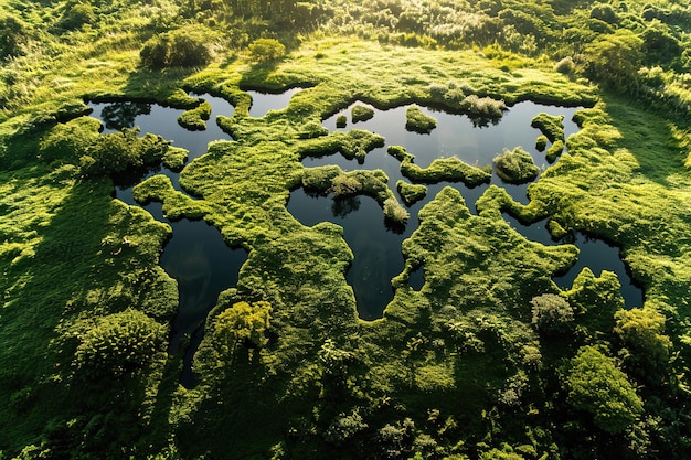 Foto mapa del mundo hecho de agua entre bosques vista aérea desde arriba