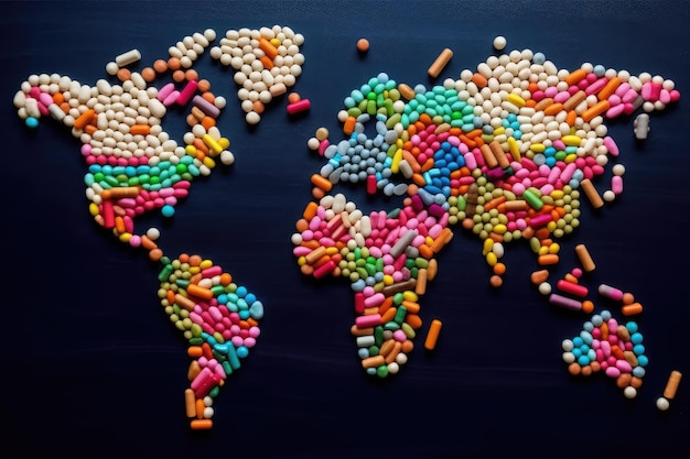 Mapa del mundo hecho de pastillas pastillas tierra drogas continentes pastillas medicina mundo resumen ilustración de IA generativa