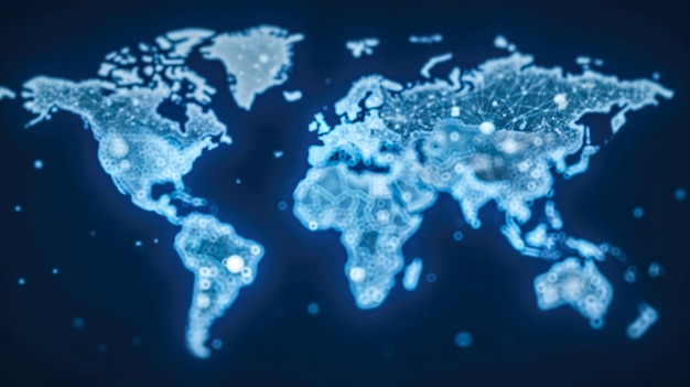 Mapa del mundo iluminado con luces azules que representan conexiones digitales globales redes tecnológicas flujo internacional de datos sistemas de comunicación modernos conectividad global