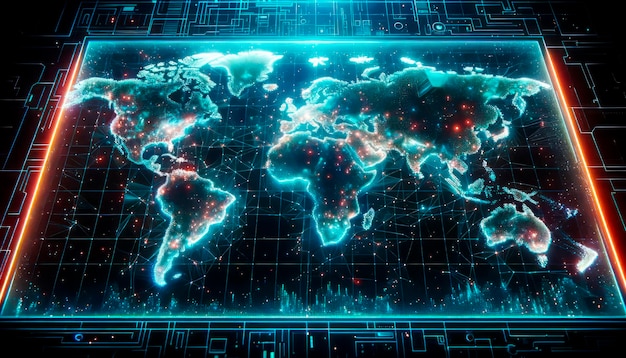 Mapa del mundo iluminado con neón con diseño de placa de circuito digital en fondo oscuro Concepto tecnológico y futurista IA generativa