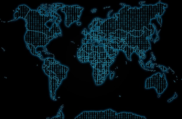 Mapa del mundo lleno de código binario