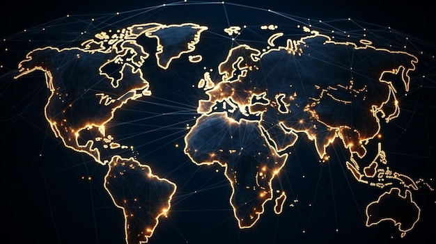 Un mapa del mundo con luces y líneas.