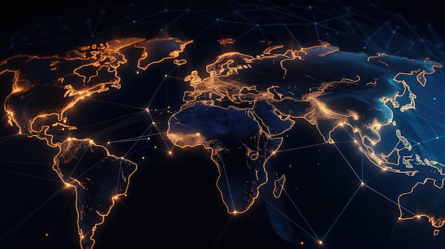 Un mapa del mundo con luces y líneas.