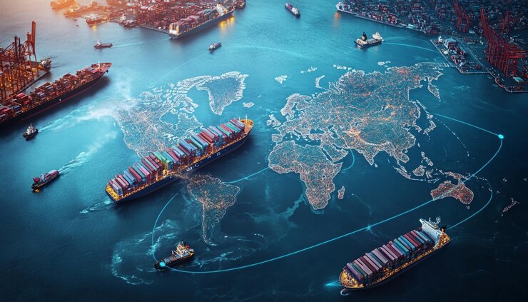 un mapa del mundo con muchos barcos y un barco en el agua