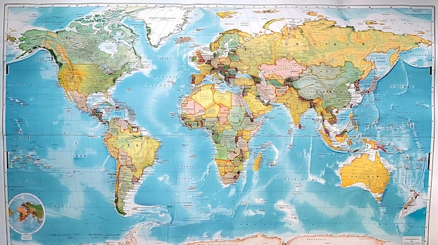 Foto un mapa del mundo muestra las fronteras políticas de cada país en diferentes colores