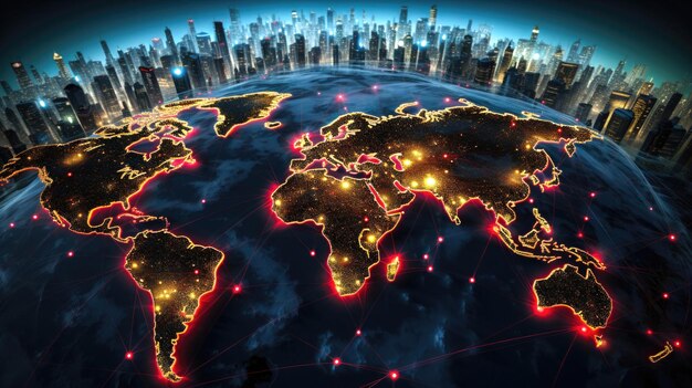 Foto mapa del mundo y negocios globales un concepto de conexión de red con esquema de rascacielos