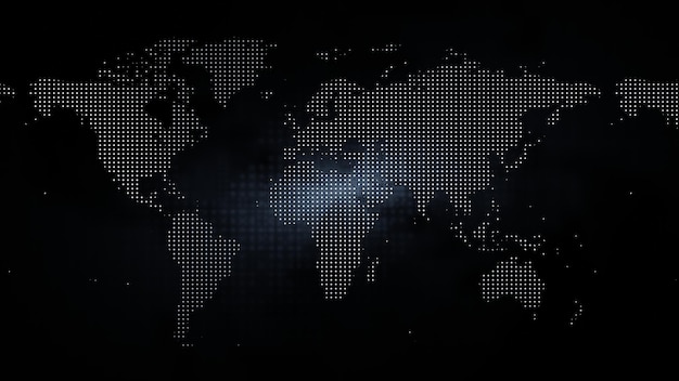 Mapa del mundo de neón blanco punteado que brilla con diseño digital futurista en fondo oscuro
