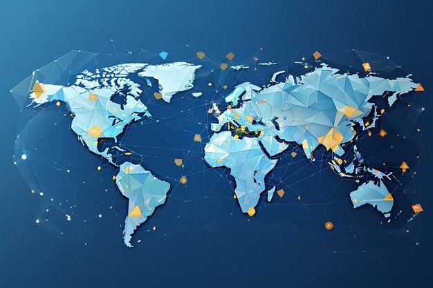 Mapa del mundo poligonal con red peer to peer de tecnología blockchain sobre fondo azul