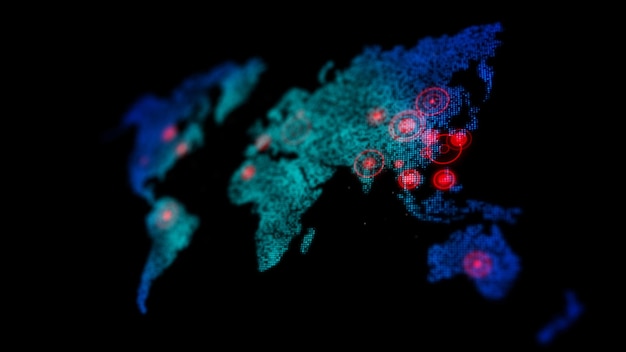 Mapa del mundo de puntos 3D con un círculo rojo apuntando al objetivo en el mapa