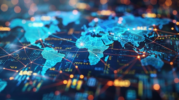 Mapa del mundo que muestra conexiones digitales y nodos brillantes que representan redes globales de comunicación y datos