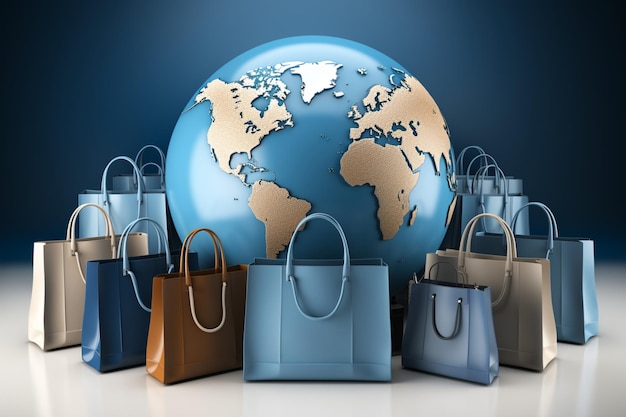 Un mapa del mundo rodeado de bolsas de compras contra un telón de fondo azul y blanco