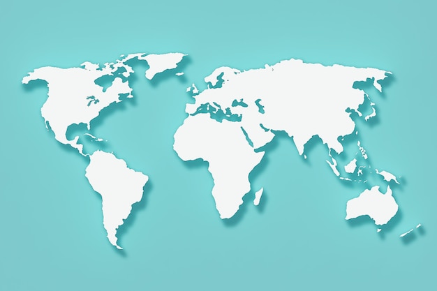 Mapa del mundo sobre un fondo de color turquesa. Representación 3D