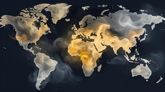 Mapa del mundo sobre fondo de humo IA generativa