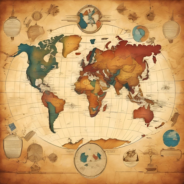 Foto un mapa del mundo con superposiciones de avances científicos que simbolizan la innovación global